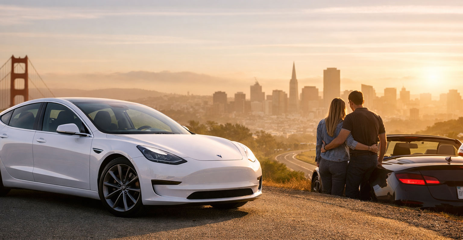 Luxury cars at sunset